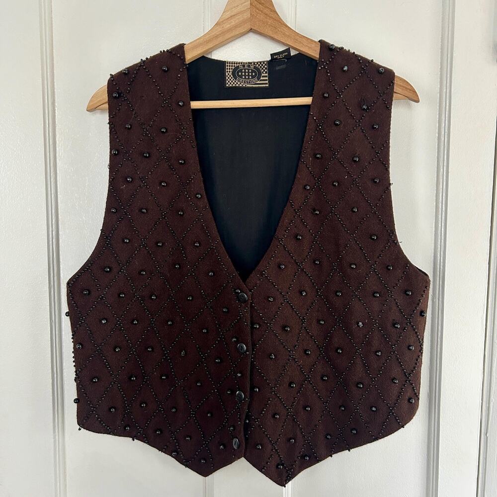 Vintage Beaded Wool Blend Western Vest Medium Women's Outerwear Chocolate Brown